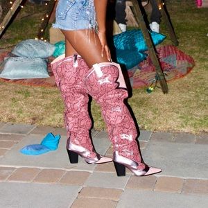 Pink snake skin thigh-high western cowboy boots. Festival Szn🌴
